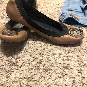 Tory Burch Tan and Black Flats with Elegant Trim